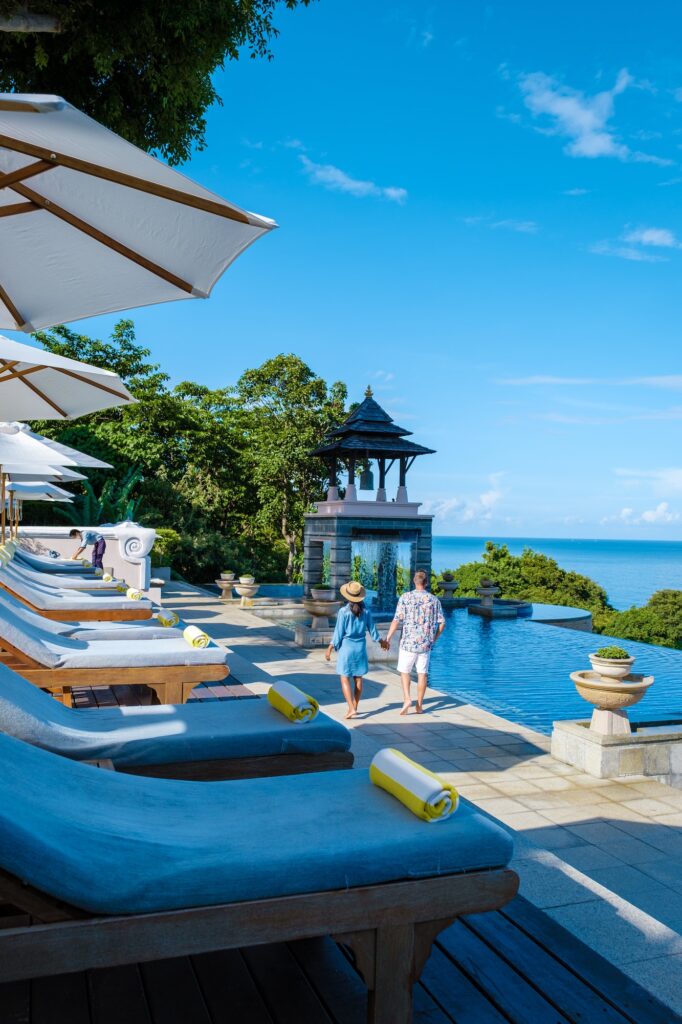 Koh Lanta Thailand, luxury beach chairs by the swimming pool of an luxury hotel in Thailand